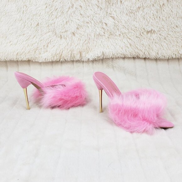 Furry Pointy Toe Slip On Gold Tone Slim Heels Pink Fuji - Picture 8 of 14